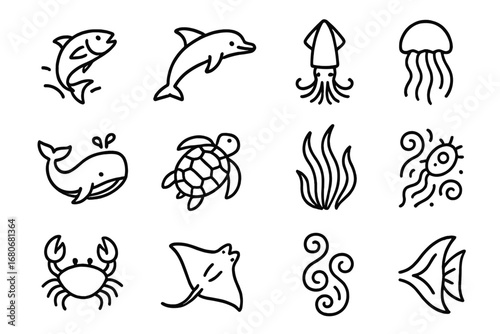 Ocean Creature Icons. Outline icon set of ocean creatures in motion: jumping fish, swimming dolphin, darting
