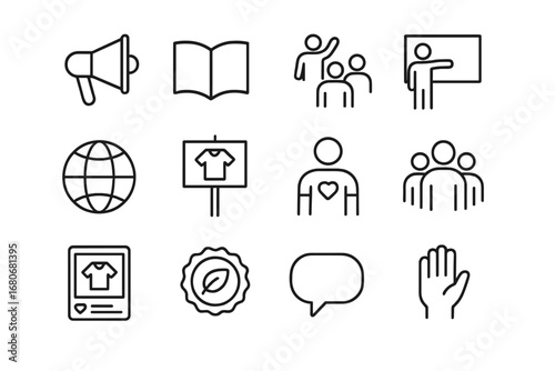 Fashion Advocacy Icons. Outline icon set of fashion advocacy and education: megaphone, book, workshop,