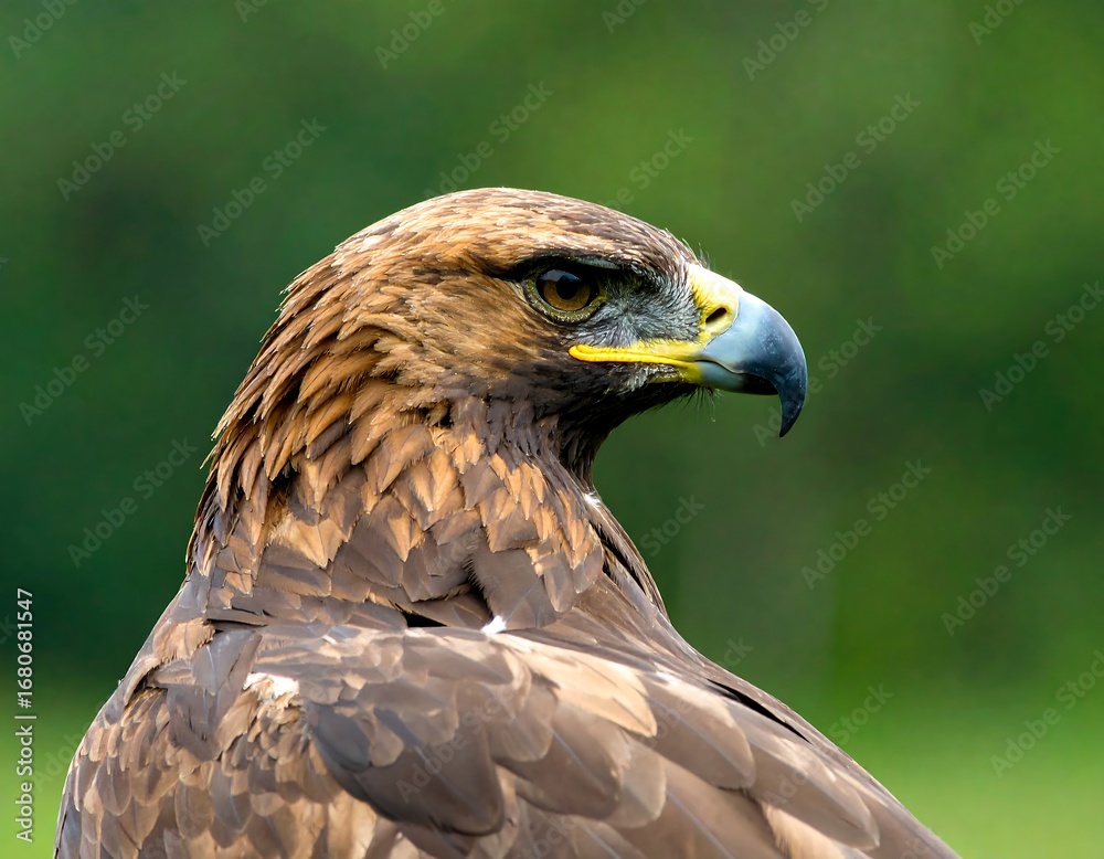 Obraz premium Close-up profile of a large bird of prey, showcasing its feathers and intense gaze against a blurred green background