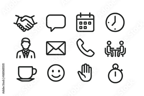 Office Etiquette Icons. Outline icon set of office etiquette: handshake, speech bubble, calendar, clock, dress