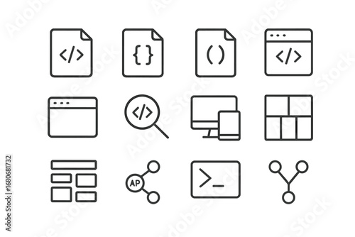 Front-End Icons Grid. Outline icon set of front-end development: HTML file, CSS file, JavaScript file, code