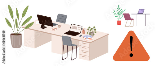 Desk with laptops, chairs, documents, and plants alongside alert sign. Ideal for workplace safety, organization, productivity, remote work teamwork ergonomic setups and caution. Simple flat