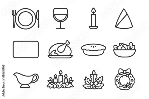 Holiday Meal Icons. Outline icon set of holiday meal settings: dinner plate, fork and knife, wine glass,