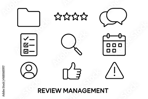 Review Management Icons. Outline icon set of review management: folder, star rating, speech bubbles, checklist
