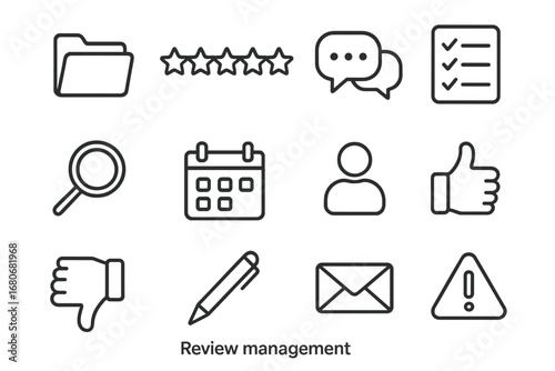 Review Management Icons. Outline icon set of review management: folder, star rating, speech bubbles, checklist
