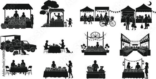 Farmers market silhouettes, fresh produce vendors, outdoor market scene, fruit vegetable stands, local food shopping, community market people, rustic marketplace vector