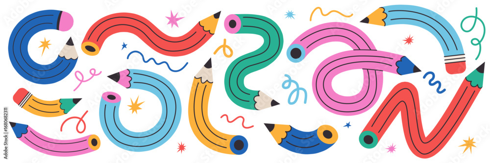 Obraz Twisted curved colorful funky pencil set. Flexible school, office supplies. Pencils bent into various shapes. Perfect for stickers, schedules, notebooks, notepads, diaries, school banners