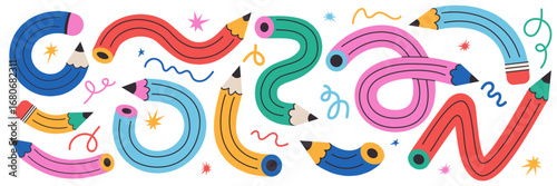 Twisted curved colorful funky pencil set. Flexible school, office supplies. Pencils bent into various shapes. Perfect for stickers, schedules, notebooks, notepads, diaries, school banners