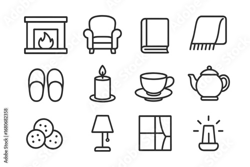 Cozy Tea Icons. Outline icon set of cozy tea moments: fireplace, comfy chair, book, blanket, slippers, candle,