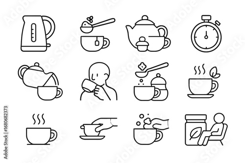 Tea Brewing Icons. Outline icon set of tea brewing steps: boiling water, measuring tea, steeping, timing,