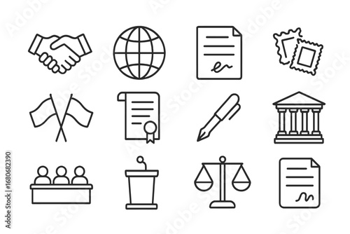 Treaty Icons Grid. Outline icon set of international treaties and agreements: handshake, globe, signed