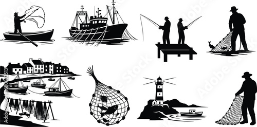 Fishing and coastal silhouette collection, fisherman vector art, fishing nets, boats, lighthouse, sea village clipart, marine outdoor activity design
