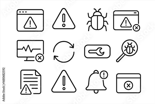 System Error Icon Set. Outline icon set of system error alerts: pop-up window, exclamation mark, bug symbol,