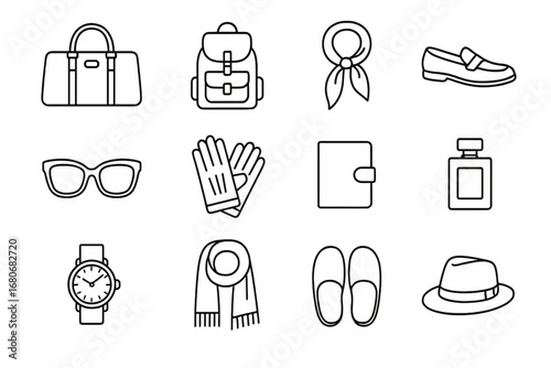 Travel Accessories Icons. Outline icon set of stylish travel accessories collection: leather duffle bag,