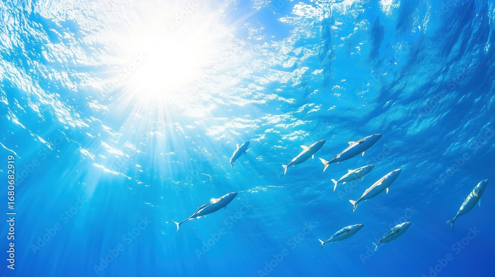 Naklejka premium Swarm Kawakawas swims in the open sea, Pacific Ocean
