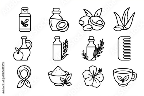 Natural Haircare Icons. Outline icon set of natural haircare: herbal shampoo, coconut oil, shea butter, aloe