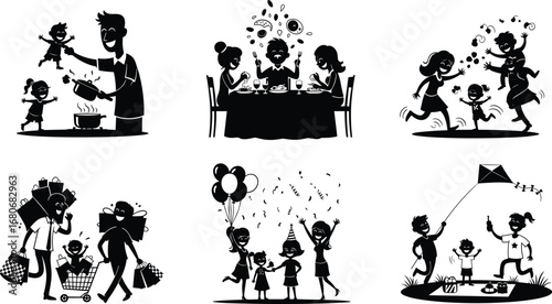 Happy cartoon family cooking, eating, shopping, playing, celebrating birthday, flying kite, spending quality time, parenting, kids fun, joyful togetherness moments