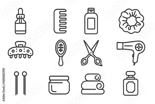 Luxury Haircare Icons. Outline icon set of luxury haircare products: gold-capped serum, designer comb, premium