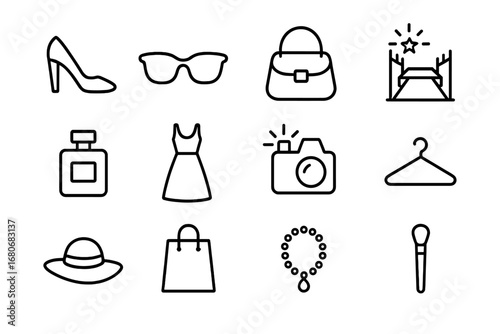 Fashion Icon Set. Outline icon set of fashion in pop culture: high heels, sunglasses, handbag, runway stage,