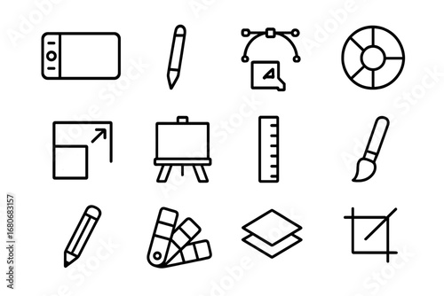 Digital Art Tools. Outline icon set of modern illustration: graphic tablet, stylus pen, vector icon, color