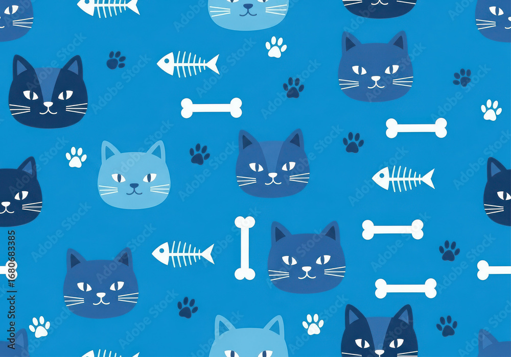 Cute blue cat faces and fish bones seamless pattern Cute blue cat faces and fish bones seamless pattern