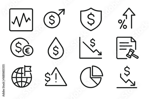 Investment Risk Icons. Outline icon set of investment risk types: volatility icon, inflation symbol, credit
