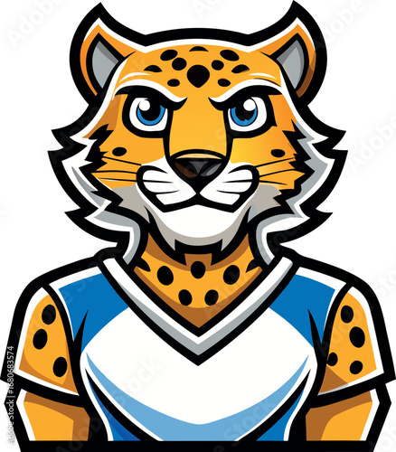 Fierce and Energetic Cheetah Mascot Illustration with Blue and White Sports Uniform