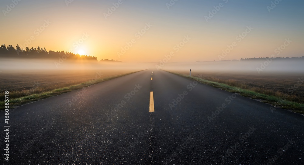 Fototapeta premium An empty road winds towards the horizon at sunrise. A metaphor for journey, the future, and new beginnings with ample copy space.