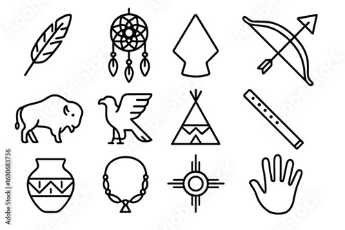 Native American Icons. Outline icon set of Native American symbols: feather, dreamcatcher, arrowhead, bow,