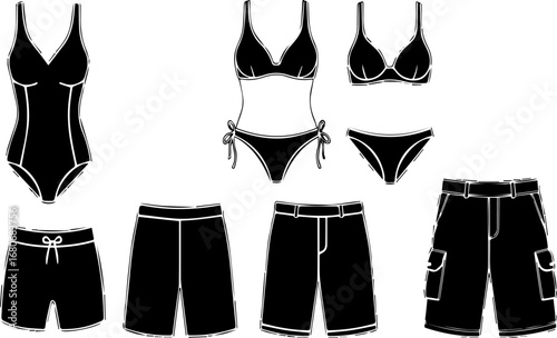 Black and White Swimsuit and Shorts Set | Vector Illustration of Summer Fashion for Apparel Design, Beachwear Advertising, and Catalog Graphics
