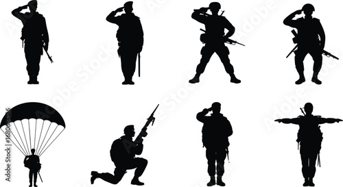 Military soldier silhouettes, armed forces, salute, parachuting, tactical gear, combat readiness, army personnel, rifle, defense, teamwork, security, discipline, training