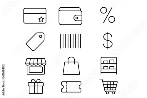 Membership Deal Icons. Outline icon set of membership deals: loyalty card, wallet, percentage sign, price tag,
