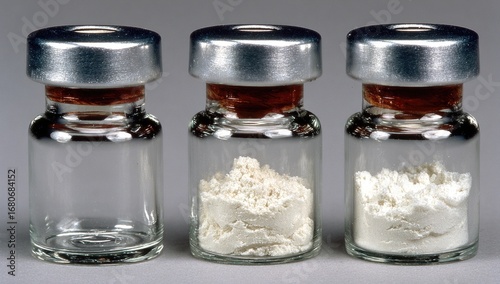Three small glass vials, each containing a different amount of off-white powder, are displayed in a row.  Silver caps and brown bands are visible