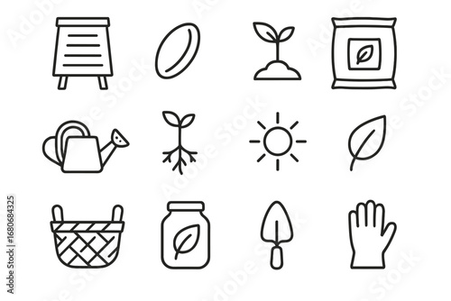 Sustainable Gardening Icons. Outline icon set of sustainable sprouting: compost bin, seed, sprout, soil bag,