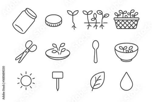Kitchen Sprouting Icons. Outline icon set of kitchen counter sprouting: jar, lid, sprouts, basket, scissors,
