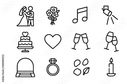 Wedding Dance Icons. Outline icon set of wedding first dance: bride, groom, bouquet, music note, spotlight,