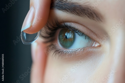 fingertips placing contact lens on eye, hygienic product focus, clean medical style 
