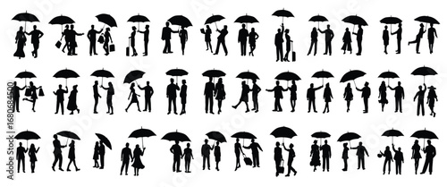 collection of silhouettes of men covering women with umbrellas vector illustration