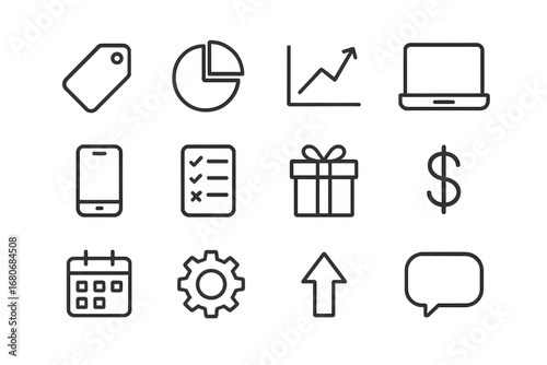 Pricing Strategy Icons. Outline icon set of pricing strategy: price tag, pie chart, graph, laptop, phone,