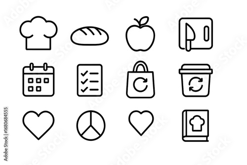 Zero Waste Cooking Icons. Outline icon set of zero waste cooking classes: chef hat, bread loaf, apple, cutting