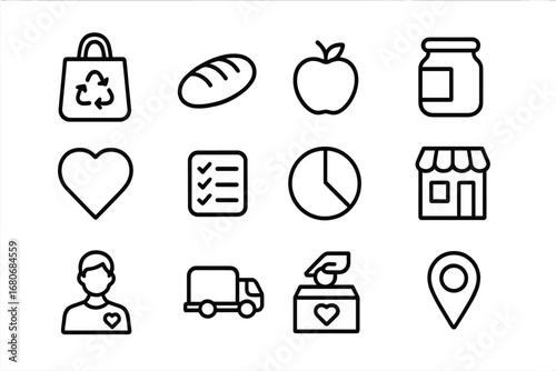 Sustainable Packaging Icons. Outline icon set of sustainable packaging: reusable bag, bread loaf, apple, jar,