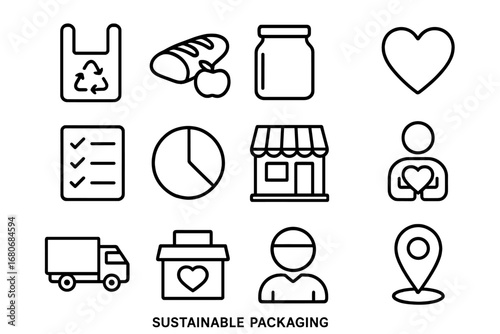 Sustainable Packaging Icons. Outline icon set of sustainable packaging: reusable bag, bread loaf, apple, jar,