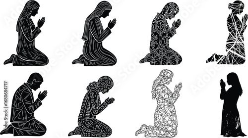 Praying people silhouettes, kneeling prayer poses, religious devotion figures, spiritual meditation vector art, faith worship illustration, sacred belief graphic icons