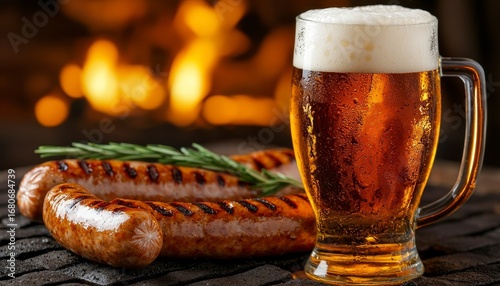 Appetizing grilled sausages and beer in a close up sh. Two yummy broiled frankfurter and ale in a shot. savory pork brew refreshment gastronomy cookery nourishment victual