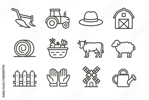 Traditional Farming Icons. Outline icon set of traditional farming demonstrations: plow, tractor, farmer hat,