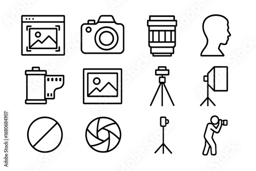Photography Icon Set. Outline icon set of creative black and white photo editing: editing software, camera,