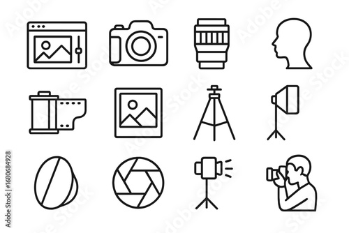 Photography Icon Set. Outline icon set of creative black and white photo editing: editing software, camera,