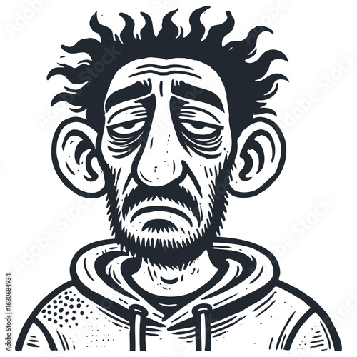 A very tired, exhausted, and sad man. Monochrome vector illustration in a hand-drawn, caricature or graphic comic style, showing burnout or depression.