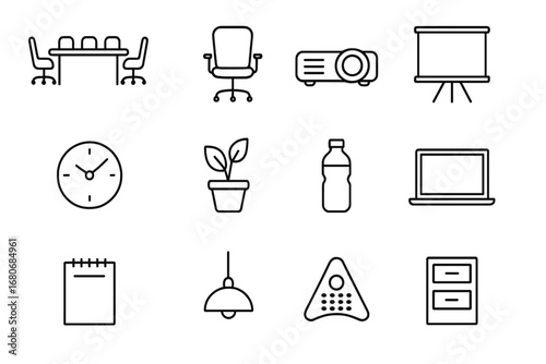 Conference Room Icons. Outline icon set of conference room designs: long table, office chairs, projector,