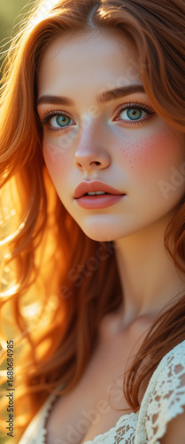 Closeup Portrait of a Young Innocent Woman with Green Eyes and Red-Brown Hair in White Dress – Phone Wallpaper